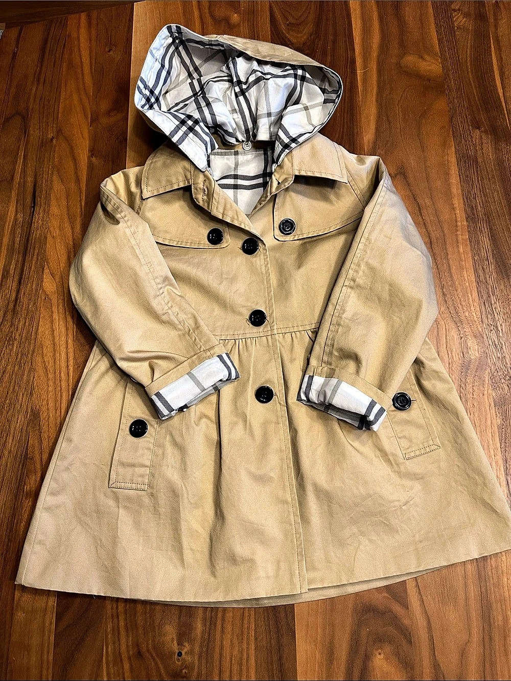 Girl's Hooded Trench Coat Beige & White